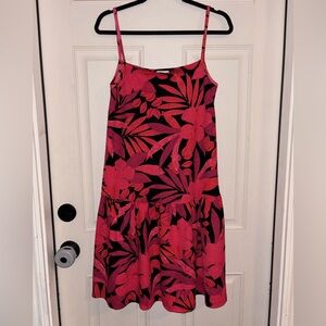 Isca Pink and Black Tropical Palm Print Mini Dress with Ruffle Hem